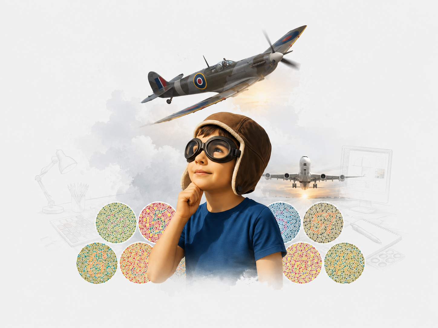A young boy with a dreamy expression wears a pilot's hat and goggles. In the background is a fighter plane as well as various circles showing different coloured dots.
