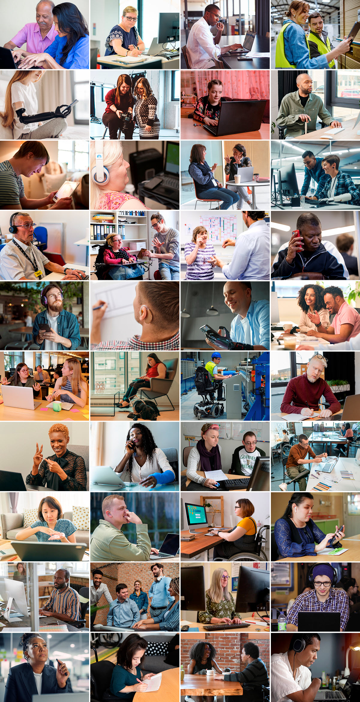 A collage of diverse people, including people with disabilities, using computers, phones and assistive technology in workplaces, homes and social settings.